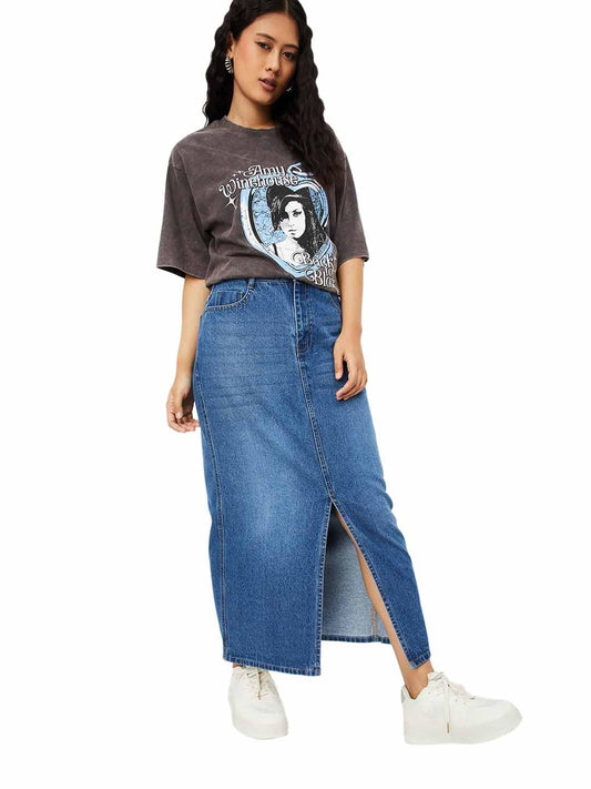 Max Women Washed Denim Skirt (Blue_34)