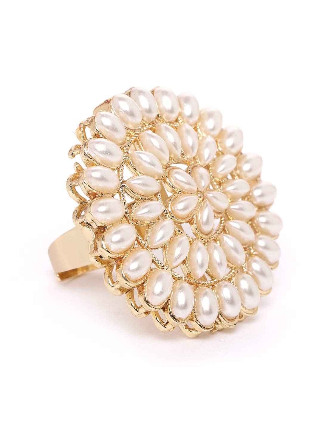 ZAVERI PEARLS Gold Tone Pearls Flower Ethnic Adjustable Finger Ring For Women-ZPFK9537