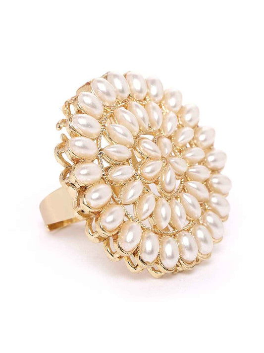 ZAVERI PEARLS Gold Tone Pearls Flower Ethnic Adjustable Finger Ring For Women-ZPFK9537