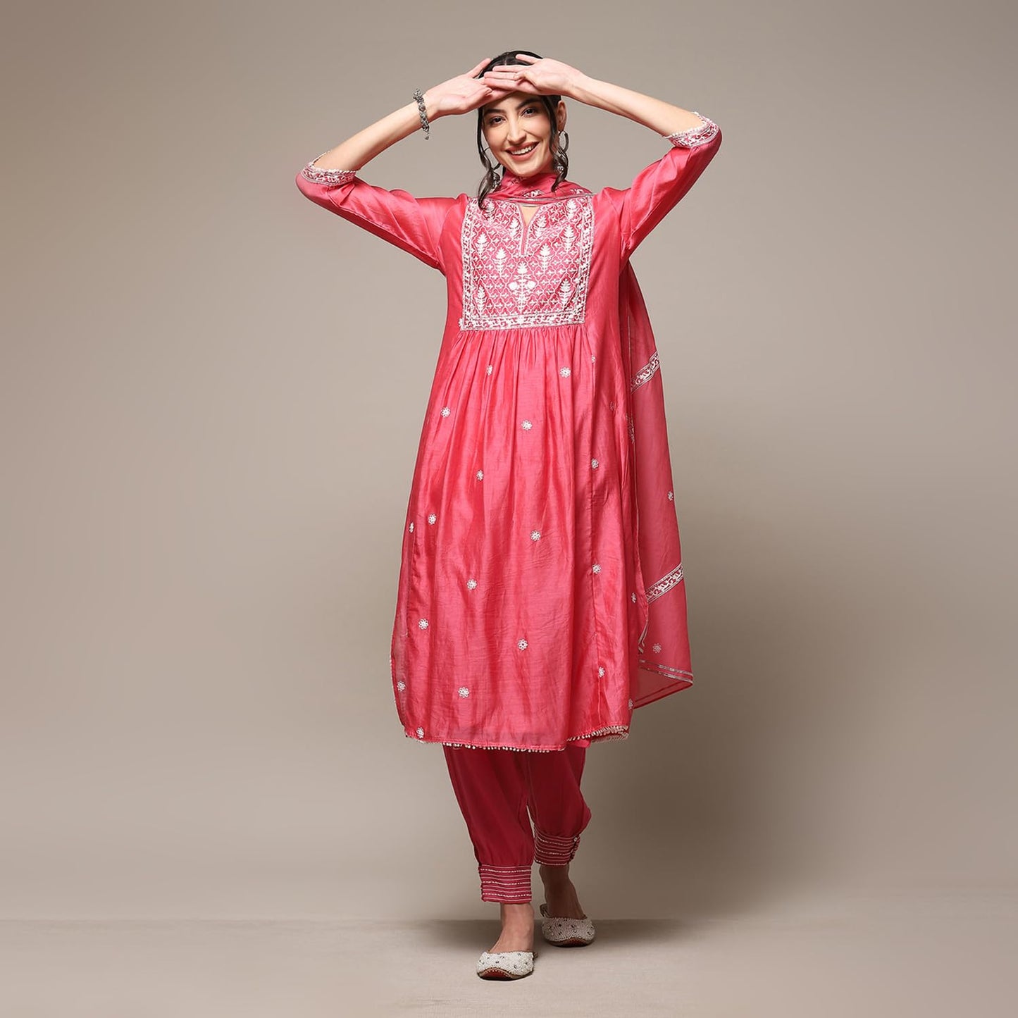 BIBA WOMEN EMBROIDERY RELAXED SALWAR KURTA DUPATTA(SKDGULNAAZ8670_BRIGHT PINK_36)