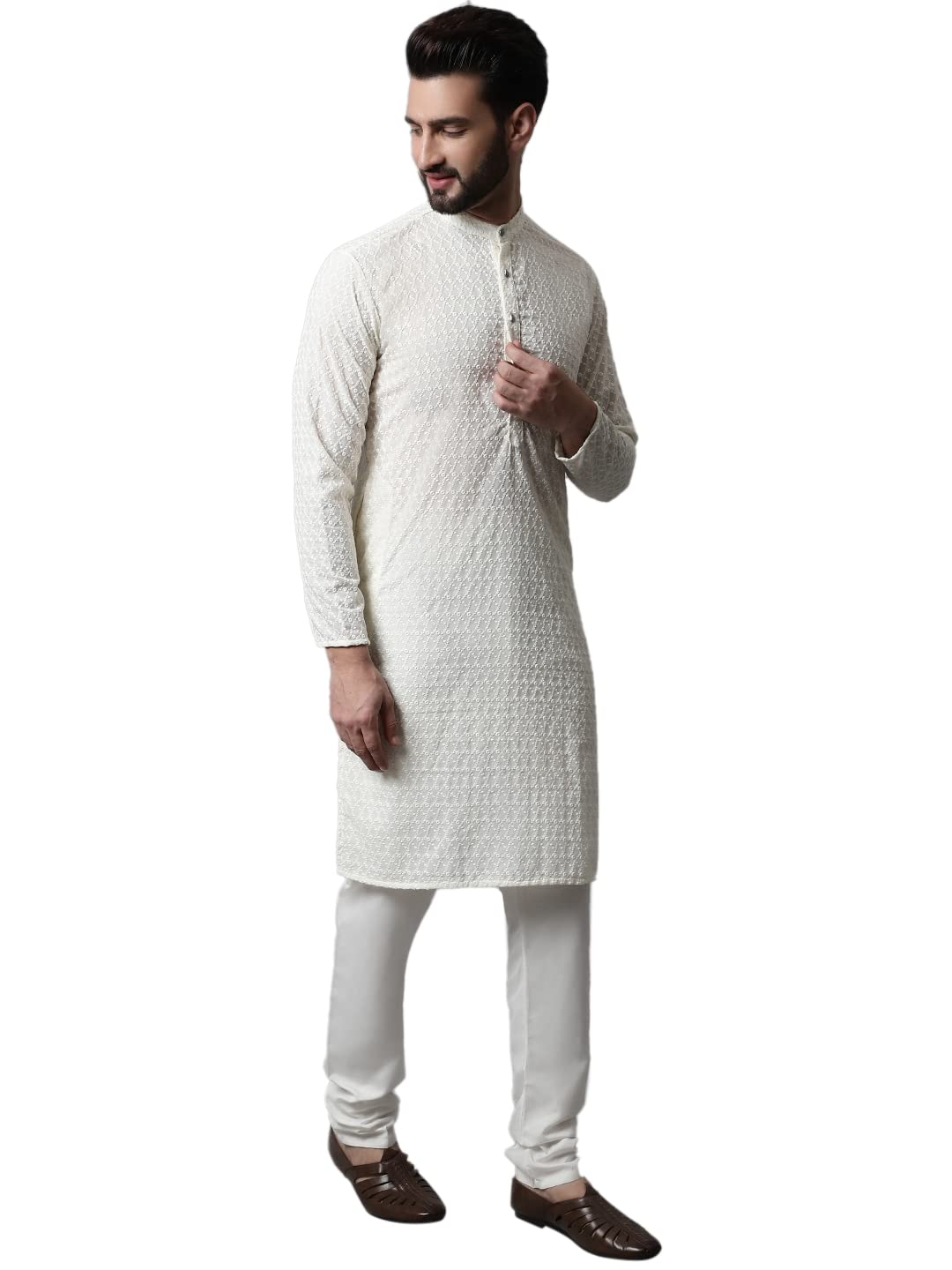 Jompers Men Embroidered Kurta with Churidar (Cream, M)