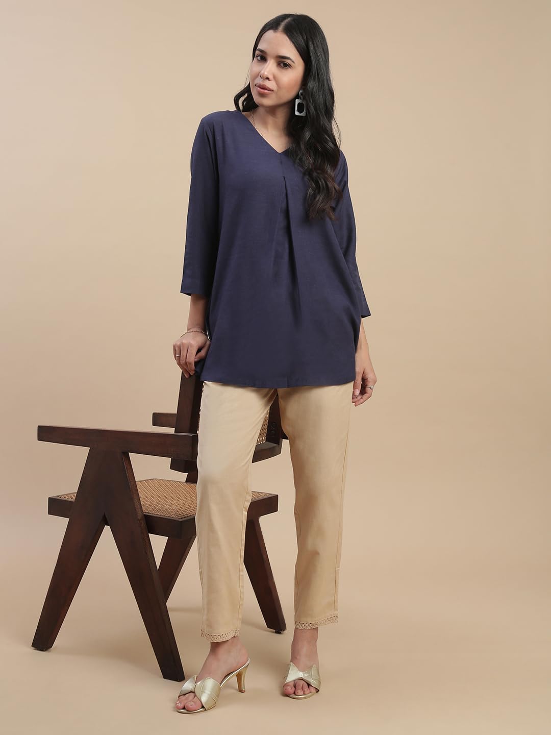 De Moza Women Regular Fit Lace Cigarette Pant - Light Beige | 100% Cotton Flex | Mid Rise | 2 Pockets | Casual & Office Wear