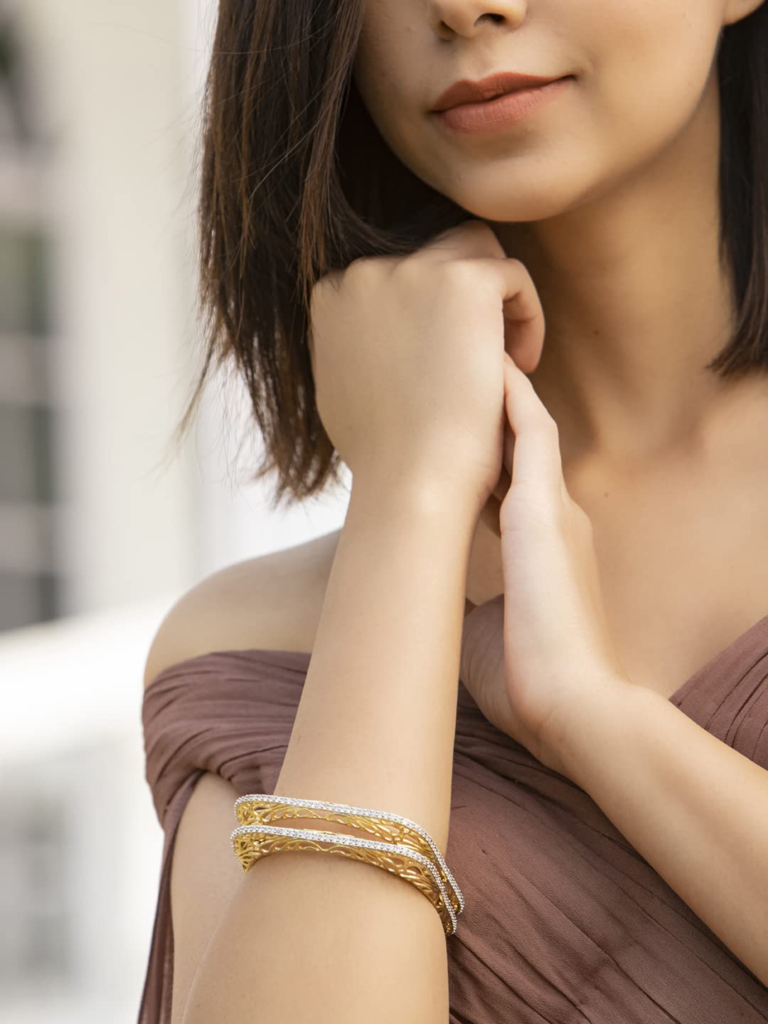 Priyaasi American Diamond Gold Plated Floral Set of 2 Bangle Set for women (2-6)