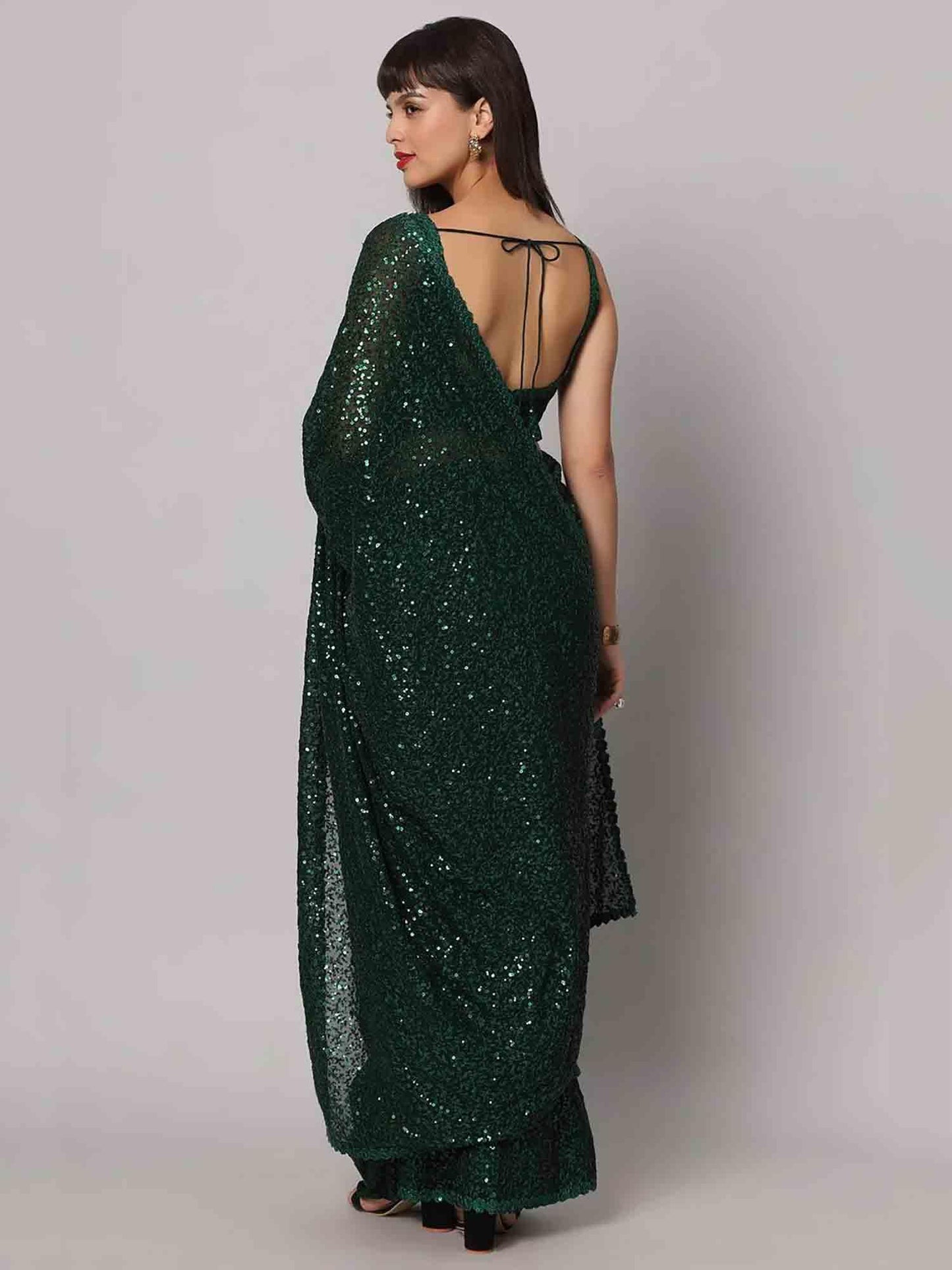 Zeel Clothing Women's Dark Green Sequins Work Heavy Georgette Saree with Blouse (1008-Deep-Green-Sequins-Party-Saree-New, Deep Green)