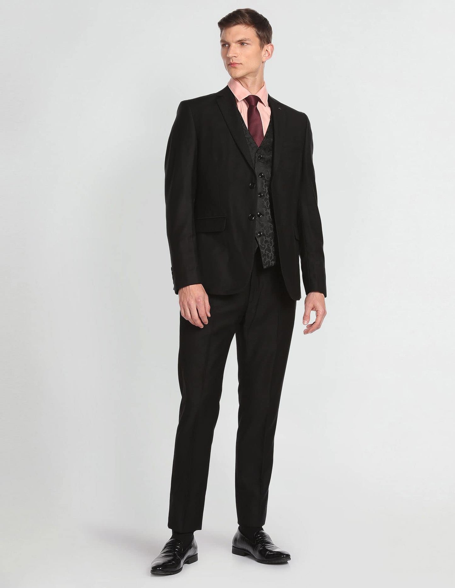 Arrow Men's Rayon Notch Lapel Collar Patterned Dobby Three Piece Suit (ARAFSU5515_Black