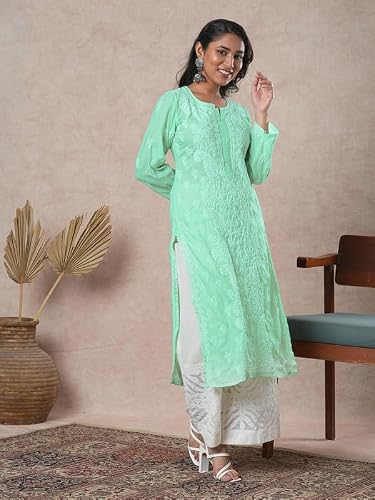 Ada Hand Embroidered Lucknowi Chikankari Cotton Straight Kurta Kurti for Women A411684 Green (2XL)
