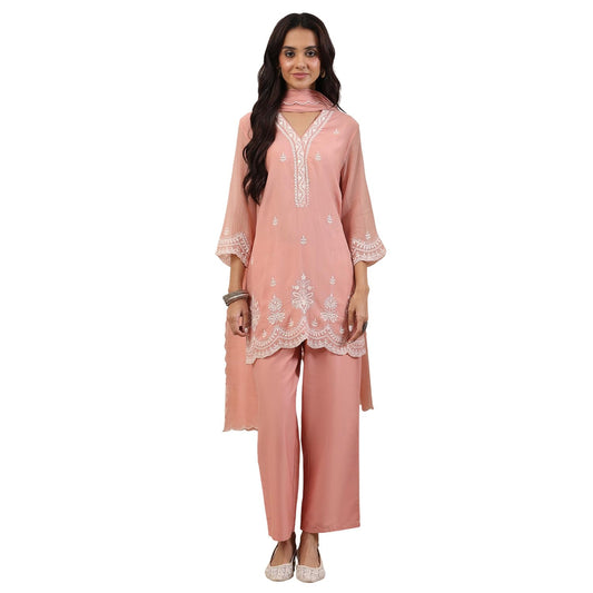 Biba Women Peach Silk Chanderi Straight Suit Set_38