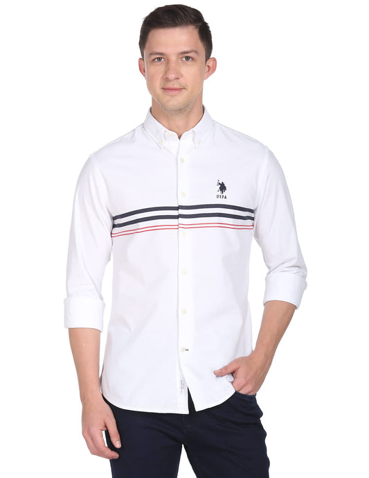 U.S. POLO ASSN. Mens Printed Engg Stripe FS Shirts (USSHTFX0027_White_M)