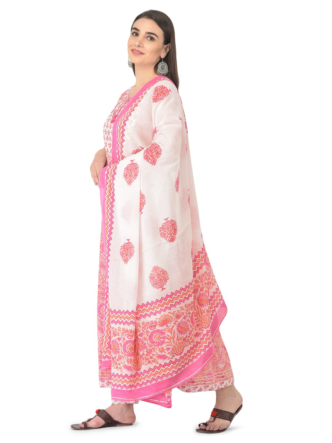 Pistaa's Women Cotton Anarkali Flair Suit Set (Pink, X-Large)