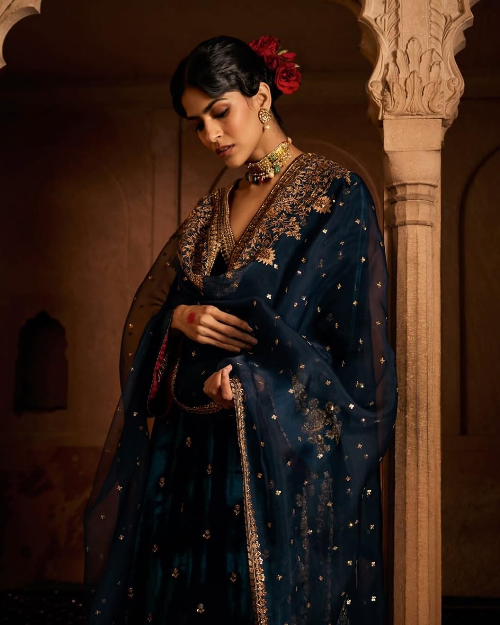 Brulry Women's Velvet Embroidered Teal Straight Kurta Suit Set with Pant and Dupatta