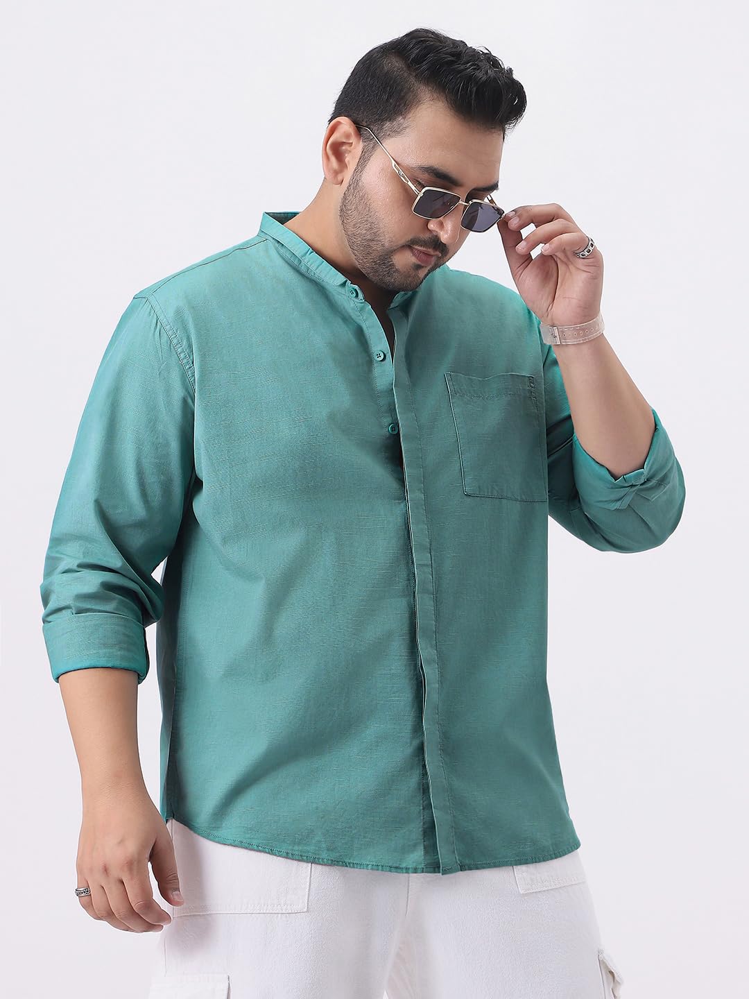 Urbano Plus Men's Light Teal Cotton Full Sleeve Regular Fit Casual Solid Shirt with Band Collar (plusshirtsolbndp-02-lteal-3xl)
