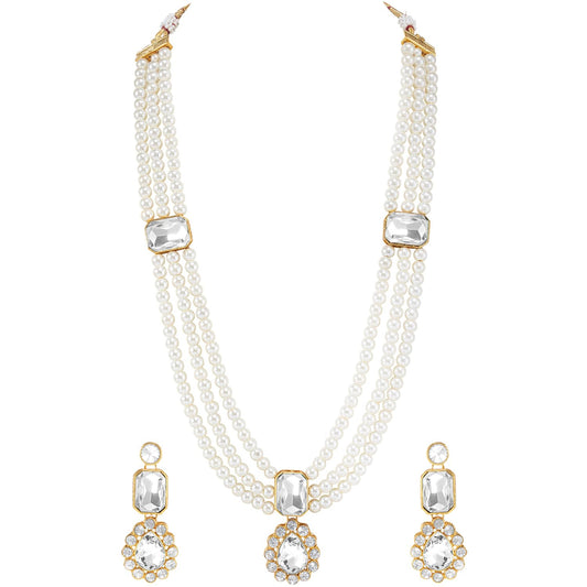 Peora Gold Plated Crystal & Beads Studded White Necklace & Drop Earrings Set Ethnic Jewellery for Women & Girls