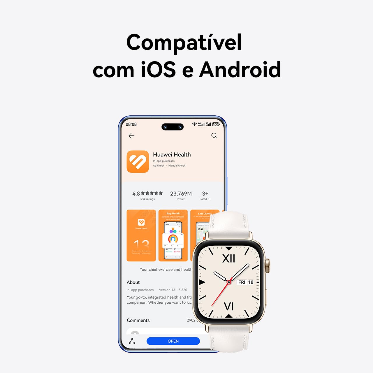 Huawei Watch FIT 3, 1.82" AMOLED Display, Ultra-Slim Design, All-Round Fitness Management, Comprehensive Health Management, Durable Battery Life, Compatible with iOS & Android, (White)