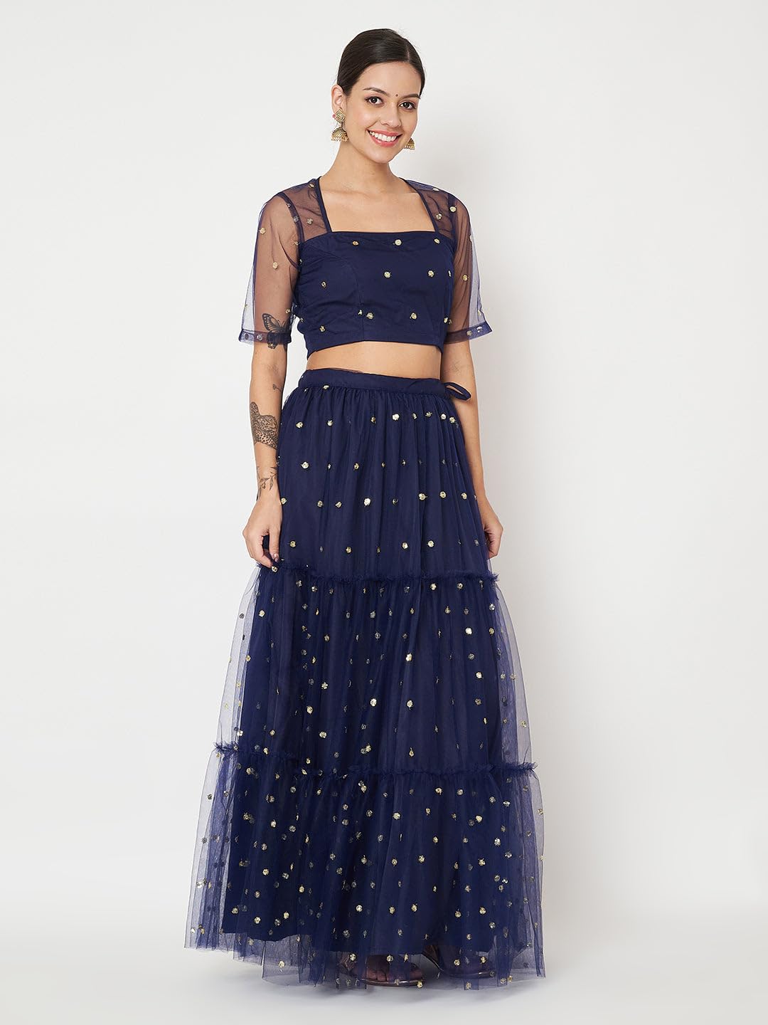 studio rasa Women's Net Sequin Embroidered Tiered Lehenga Set for Wedding Festive Party (LHSC52402XL_Navy_X-Large)