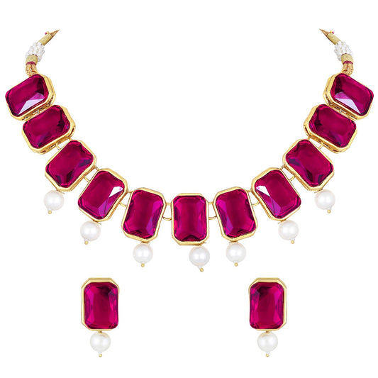 Peora Traditional Jewellery Rani Pink Crystal Pearl Necklace Earring Jewellery Set Gift for Women Girls Wedding
