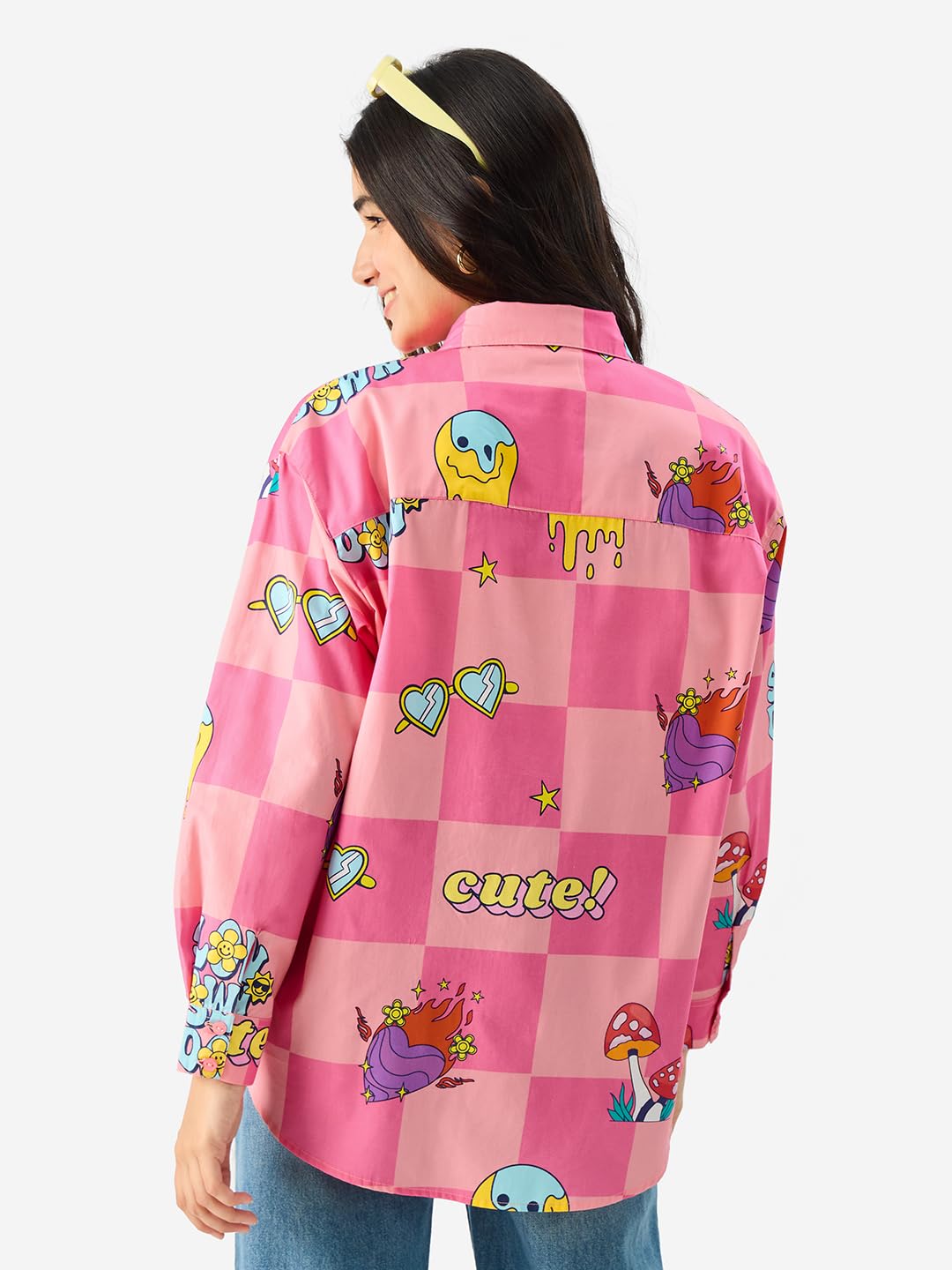 The Souled Store Slow Down Long Sleeve Collared Button Down All Over Print Oversized Fit Cotton Boyfriend Shirt for Women & Girls Pink