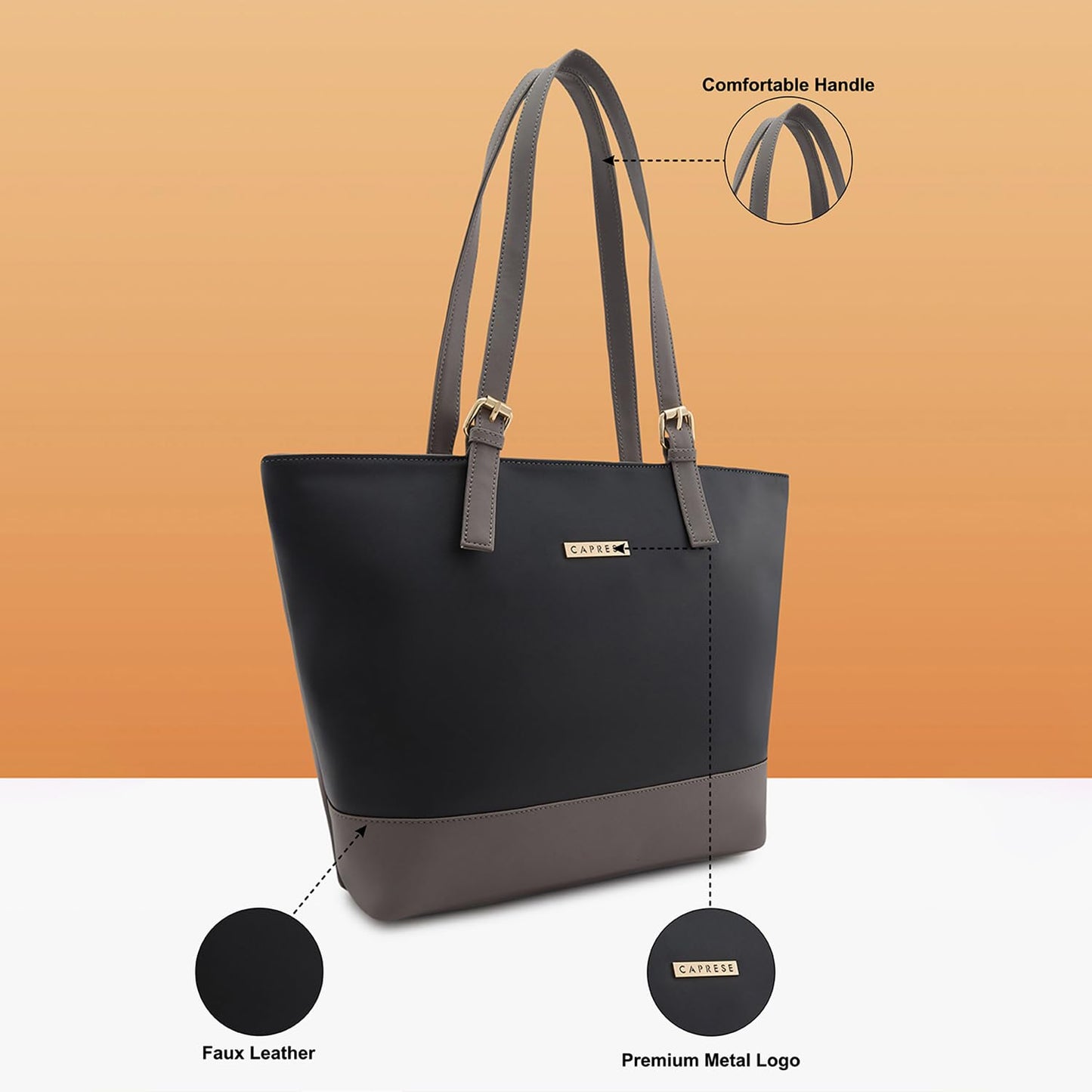 Caprese Brickly Tote Medium Black Shoulder Bag for Women Stylish, Spacious Design, Multi-Compartment, Durable, Comfortable Straps for Work, Travel, Shopping & Daily Use