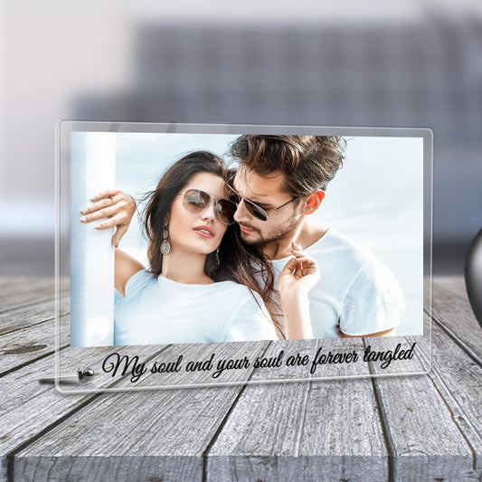 Fashionury Customised Photo and Text Frame Personalized with Metal Removable Stand | Table Top Horizontal Photo Frames | Photo Frame Anniversary and Gift Birthday (Transparent Acrylic, 6 * 9 Inches)