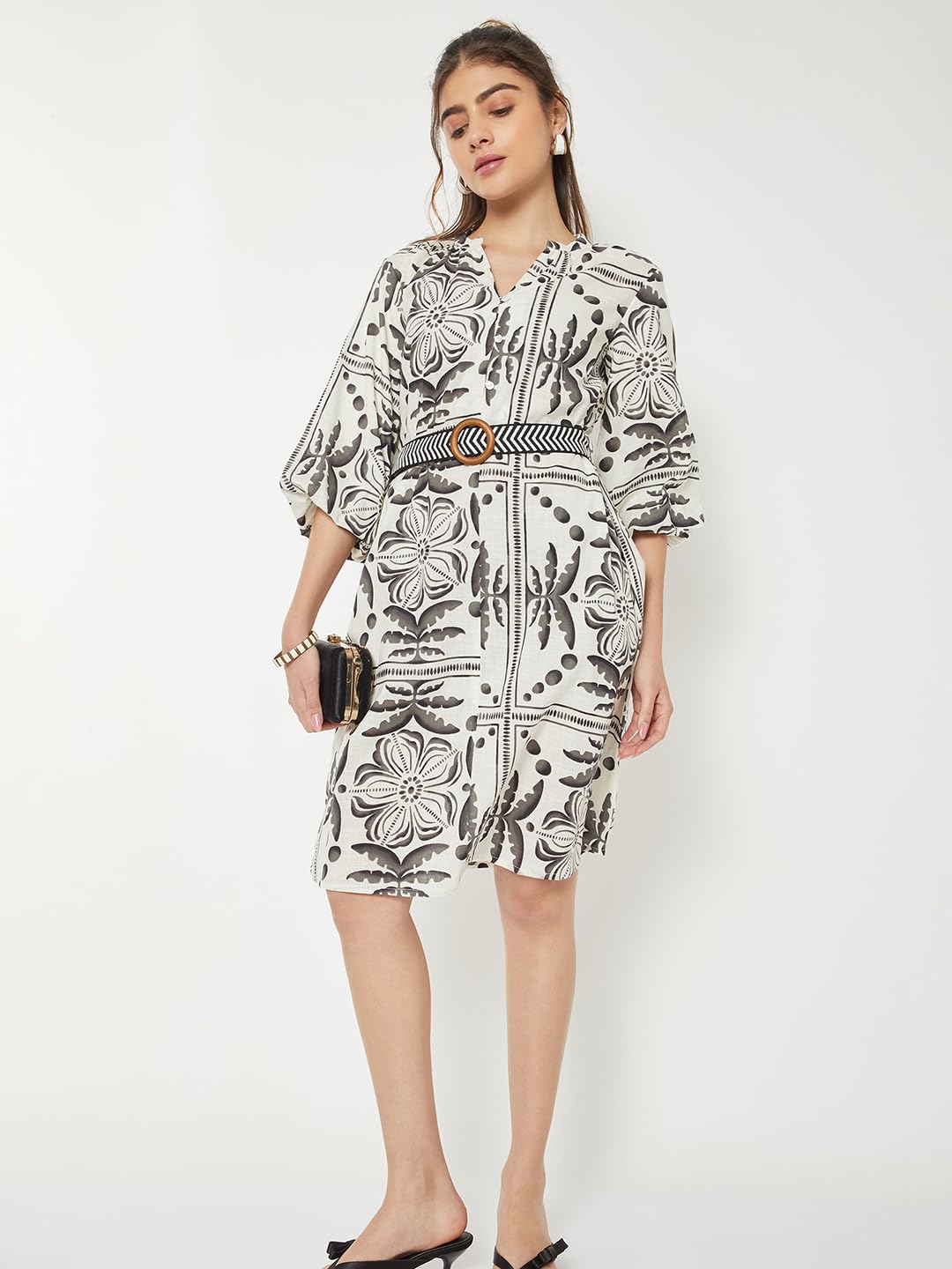 Max Women Printed Shirt Dress with Belt(White_M)