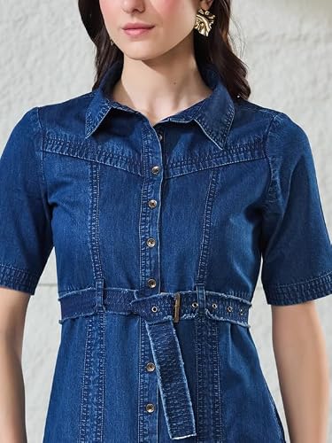 Latin Quarters Women's Blue Solid Half Sleeves Collared Casual Shirt Dress_S