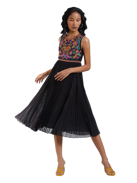 Label RITU KUMAR Round Neck Sleevless Long Dress Black