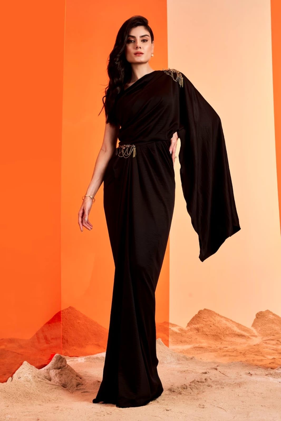HarLiv One Shoulder Black Saree Gown Women - Party, Cocktail, Wedding Dress (Black) XS
