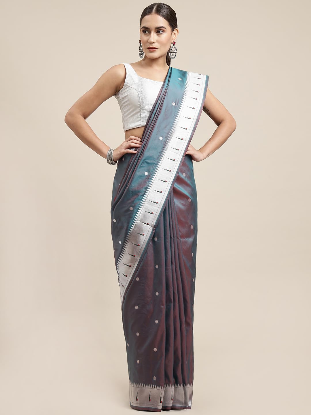 AMIRAT Women's Paithani Pure silk saree With Woven Silver Zari And Emboss Blouse Piece (Teal)