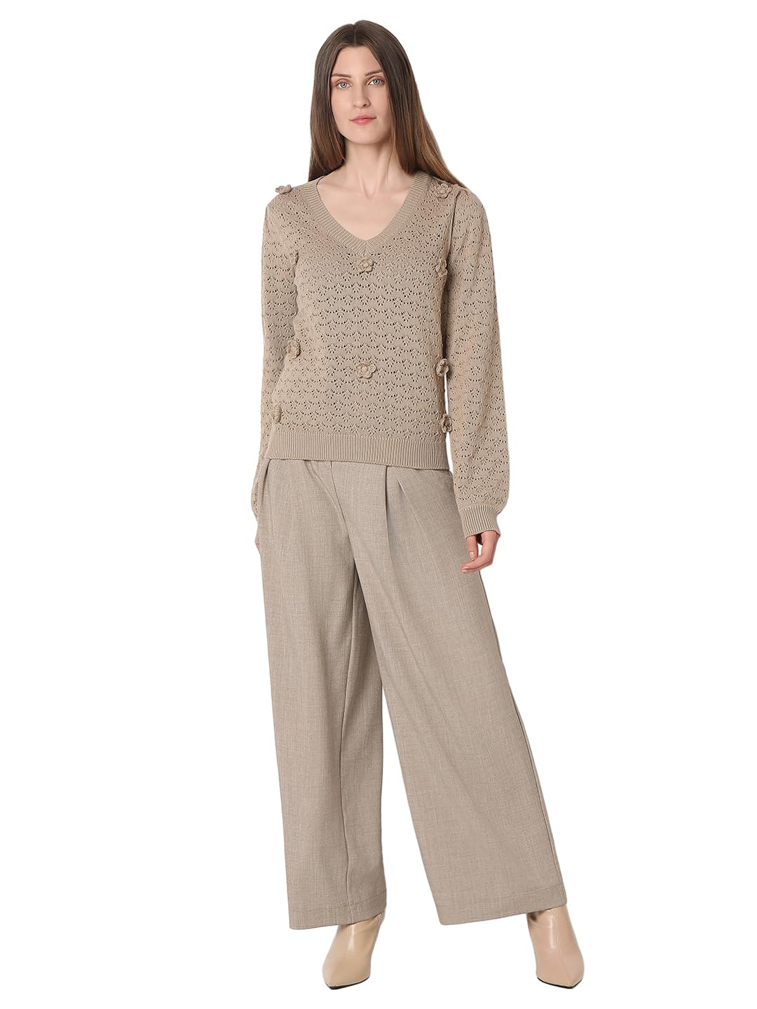 VERO MODA Women's Regular Fit Beige Sweater