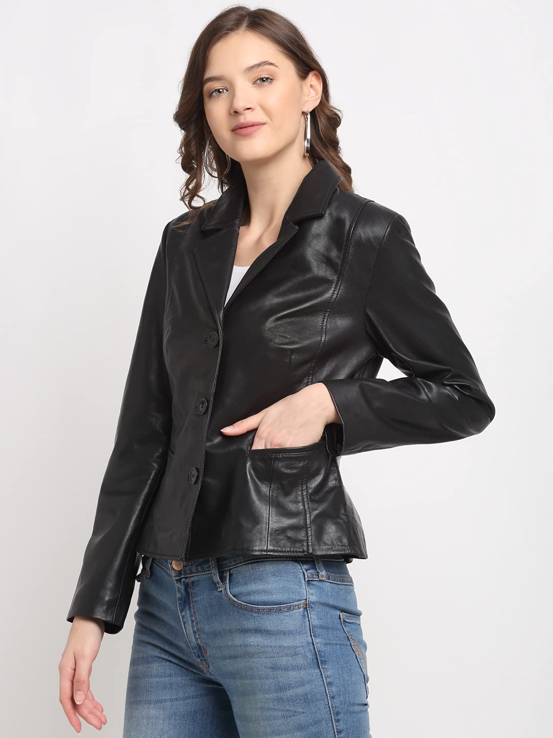 Teakwood Genuine Leather Soild Stylish Casual Blazer Jacket for Women (L- Black)