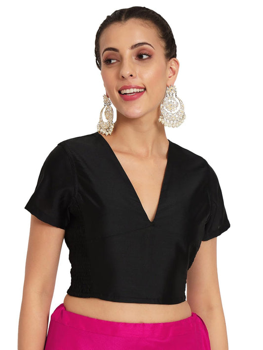 studio rasa Women's Silk Blend Stretchable Readymade Saree Blouse for Festive Wedding Party (Tpwc52337S_BL_Black_Small)