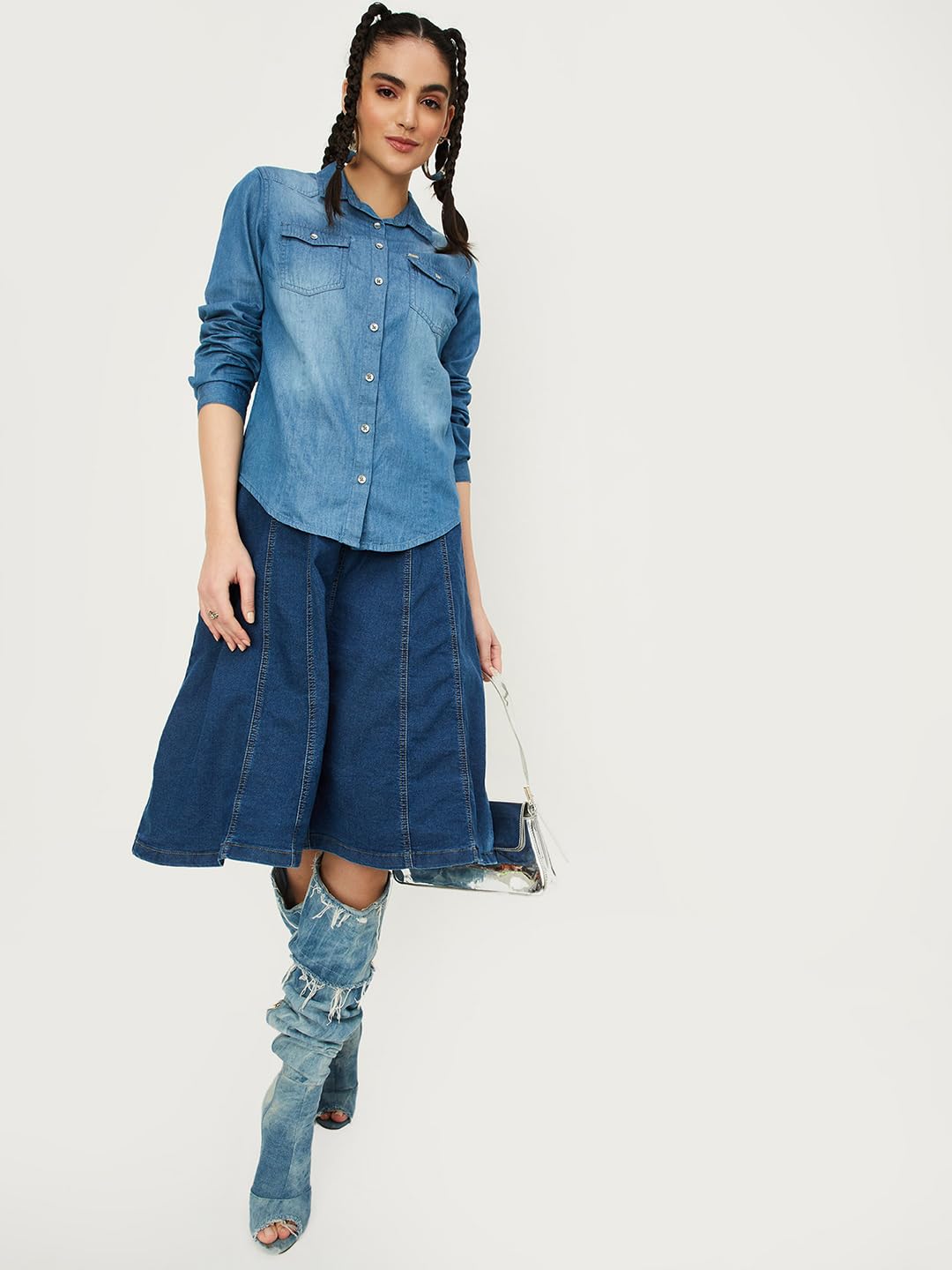 Max Women Washed Denim Shirt (ATTICUS1DMID Blue)_XS