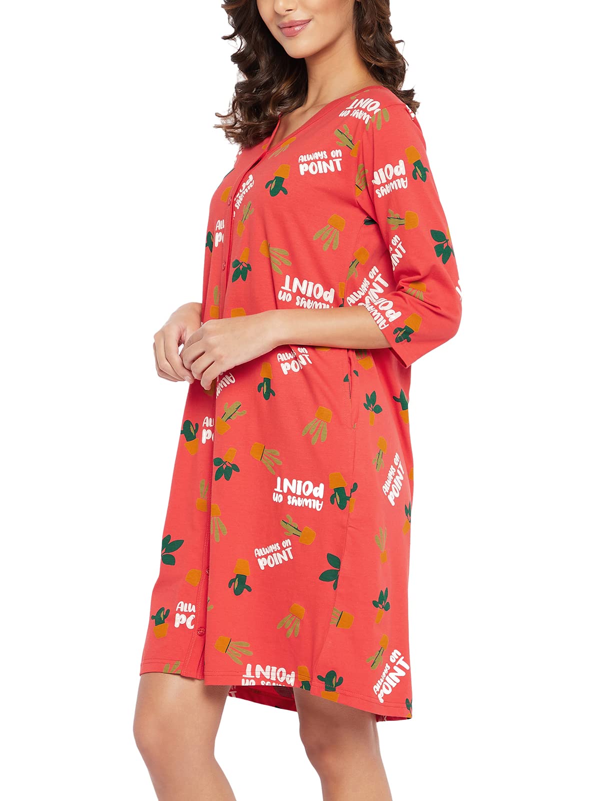 Clovia Women's Cotton Cactus Print Button Me Up Night Dress(NS1487P04_Red_S)