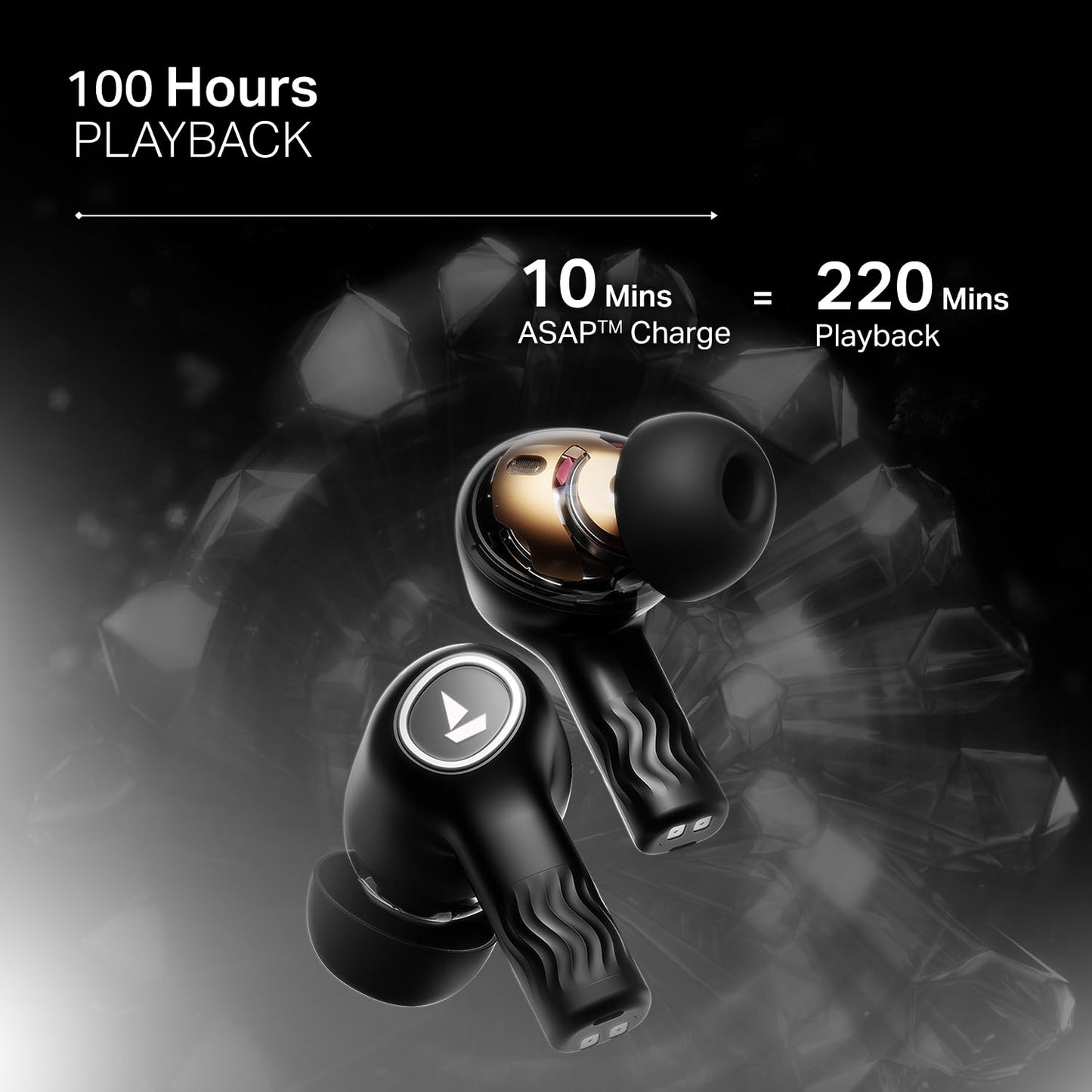 boAt New Launch Nirvana Crystl, Transparent Case,Spatial Audio, ANC(~32dB), 100Hrs Battery,4Mics ENx, Dual Pair,App Support, Bluetooth Earbuds, TWS Ear Buds Wireless Earphones with mic (Quantum Black)