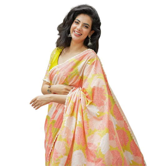 MARGI DESIGNERS Womens New Latest Bollywood Style Linen Cotton Floral Printed Fancy Lace Border Peach Saree with Blouse | Saree For Womens
