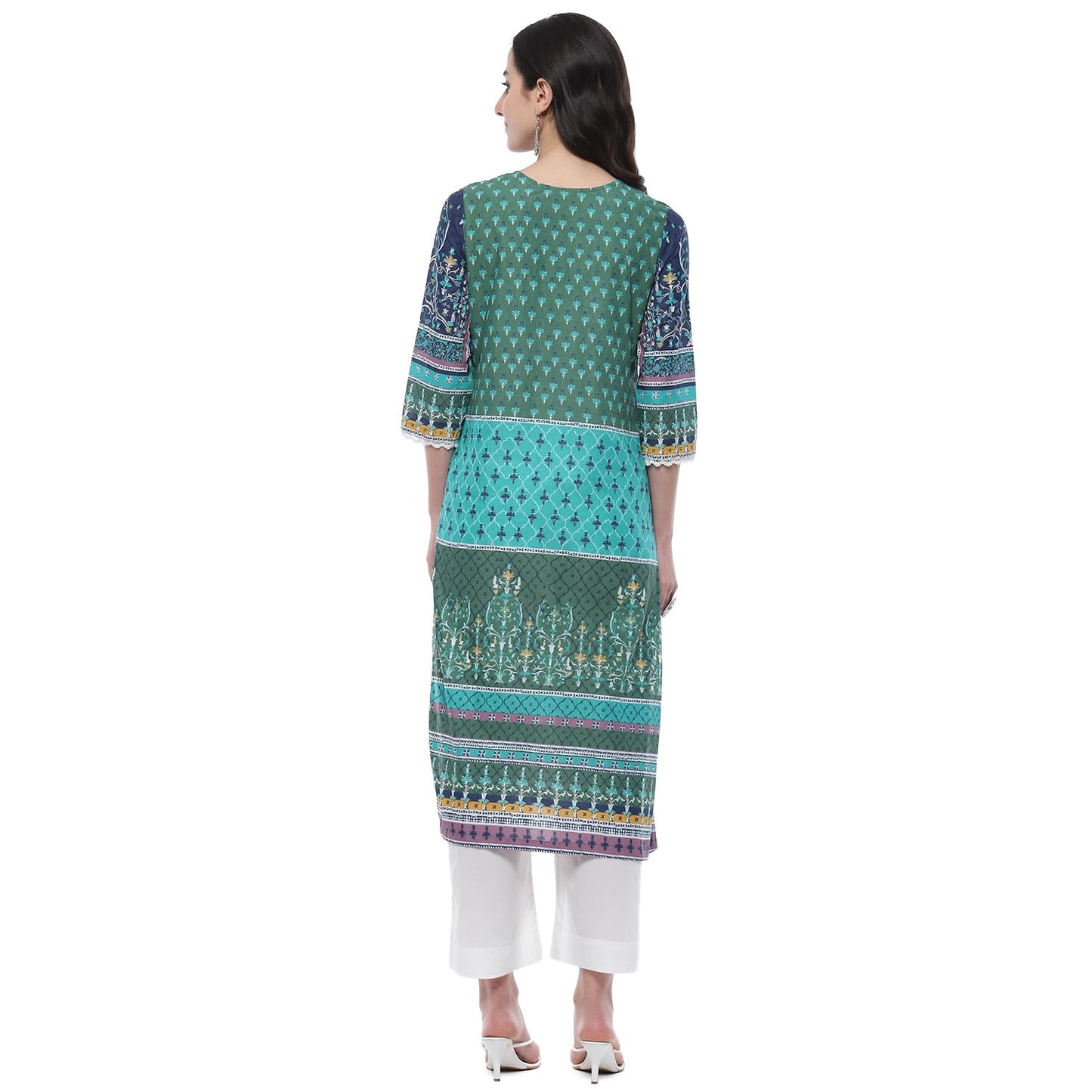 BIBA Cotton Women Printed Straight Fit Kurta Mix and Match(Assorted20018_Teal_34)