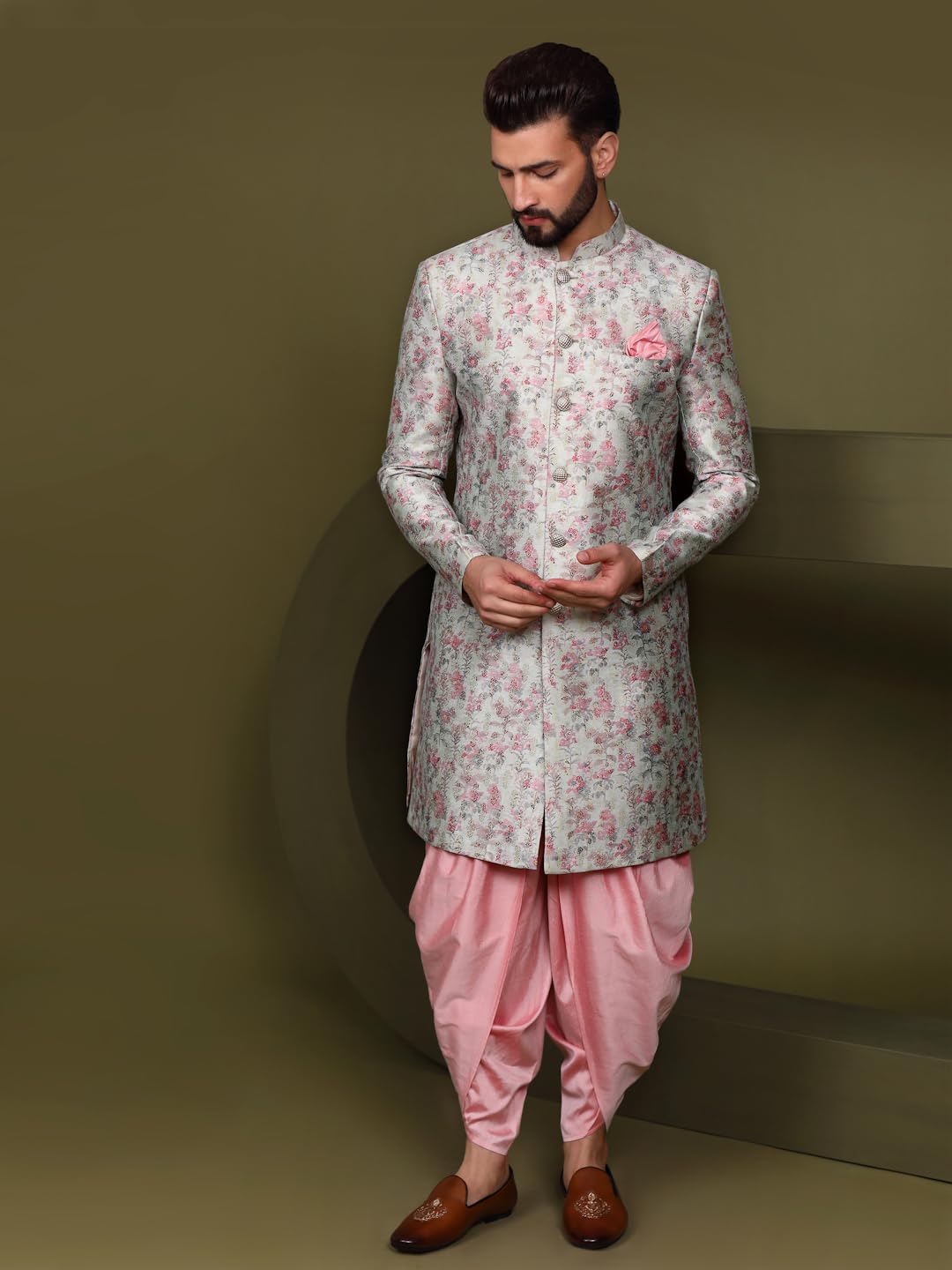 KISAH Men's Ethnic Wear Silk Blend Woven Design Regular Fit Multi-Pink Indo-Western Sherwani Set Indo-Western|42