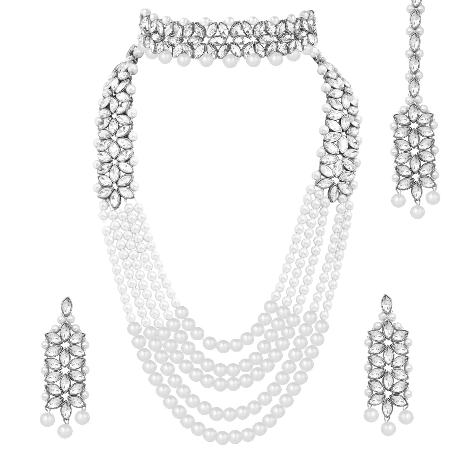 Peora Silver Plated Crystal & Beads Studded Bridal Short & Long Necklace Earrings Maangtikka Jewellery Set for Women
