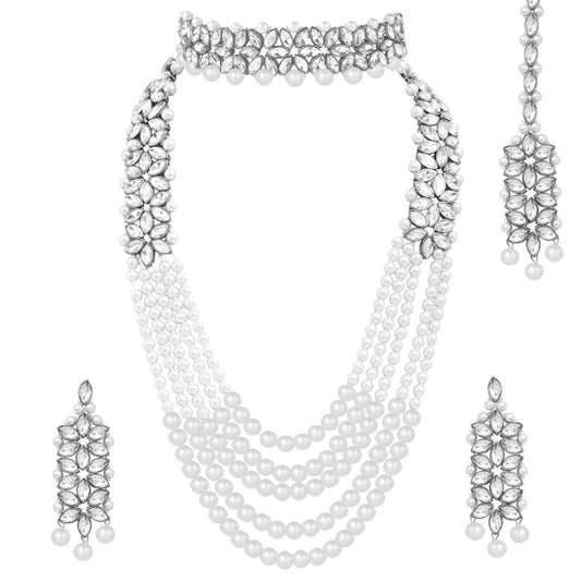 Peora Silver Plated Crystal & Beads Studded Bridal Short & Long Necklace Earrings Maangtikka Jewellery Set for Women