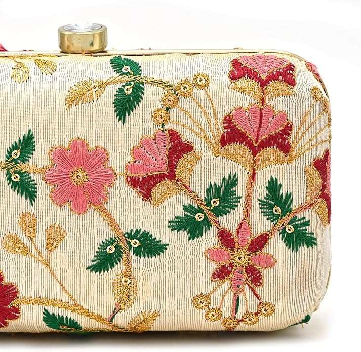 PINK TREASURE Gold Embroidered Clutch for Women | Floral Zari Work Box Clutch for Weddings & Parties | Elegant Handbag with Push Lock Closure | Ideal Gift Accessory (Cream)