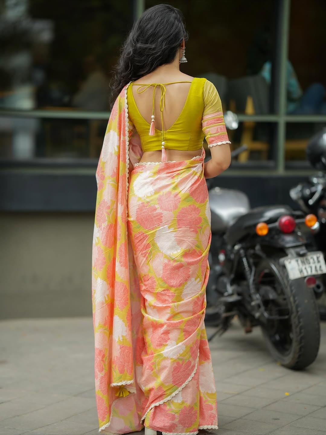 MARGI DESIGNERS Womens New Latest Bollywood Style Linen Cotton Floral Printed Fancy Lace Border Peach Saree with Blouse | Saree For Womens
