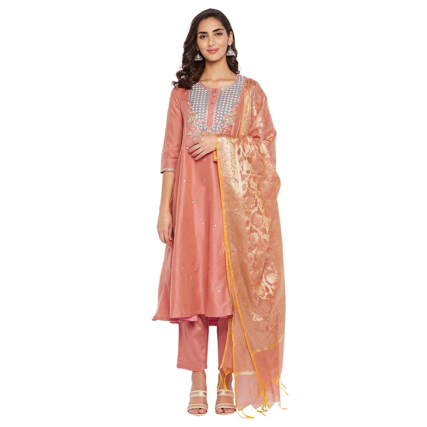 Rangavali Peach Cotton Silk Festive Anarkali Suit Set With Dupatta | Readymade Kurti Pant Set | Embroidery Krta For Women | 3 Pcs Set | XS, 30