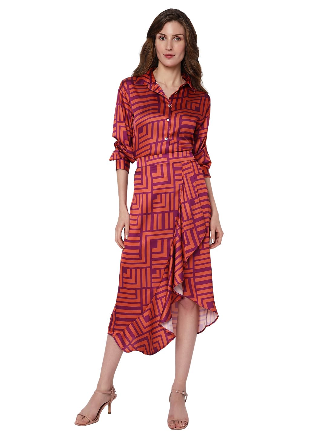 VERO MODA Women Printed Polyester Flared Midi Orange Skirt