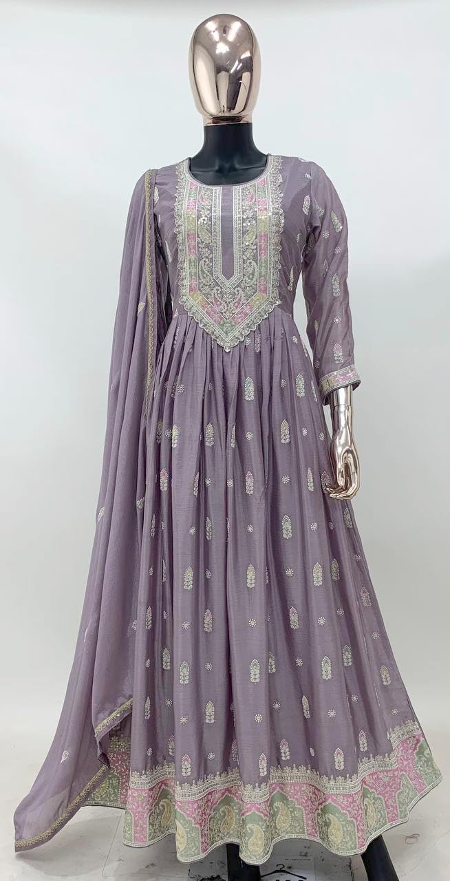 Miss Ethnik Women's Purple Chinon Stitched Top With Dupatta Full Sleeve Embroidered Anarkali Gown (ME-1179-Purple-XXL)