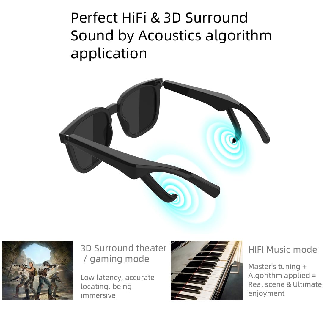 Smart Glasses with Wand Stick,No Leaking Voice, Bluetooth Smart Sunglasses,HiFi 3D Surround,Dual-Mic Noise Cancellation, Music/Game Mode, Detachable Frame (Square-framed, Black+Transparent Lens)