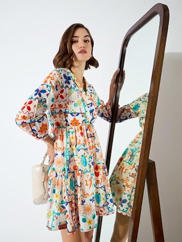 barcino Motif Printed Shawl Collar Tiered Dress Multicolor