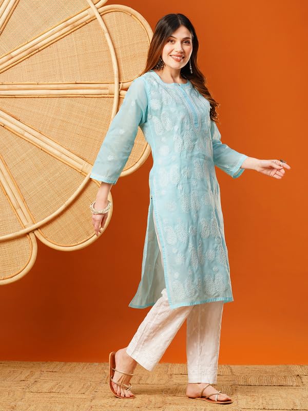 Ada Hand Embroidered Lucknowi Chikankari Cotton Kurti Kurta for Women A411616 Blue (5XL)