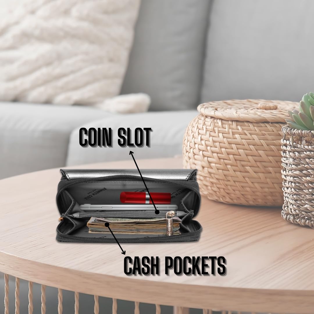 KENNETH COLE Ladies Front Flap Wallet | Women's Tri-fold Clutch Organizer with a Wide 3-Quarter Opening Zip-Around Compartment | Premium PU Leather | Sturdy, Stylish & Secure, GUN METAL