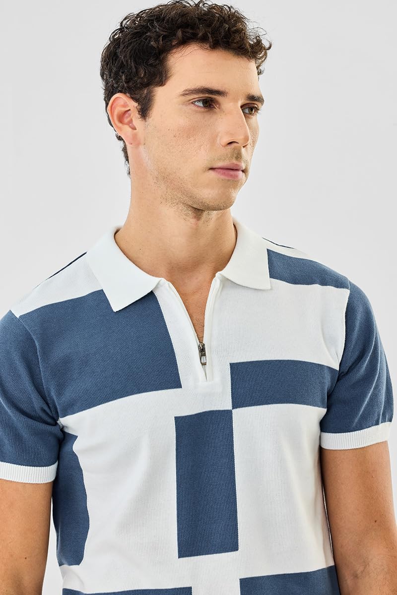 SNITCH Men's Polo T-Shirt | Colour Blocked Pattern & Color-Block Design | 100% Cotton Fabric, Zipper Neckline & Regular Fit | Casual Wear for Everyday Comfort | Blue