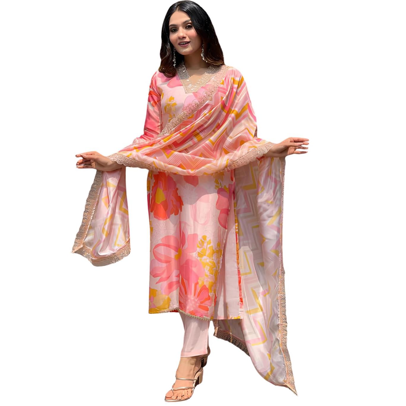 SHIENZY Cotton Blend Embroidered V Neck Kurta Set for Women | Straight Fit Kurta with Pants & Dupatta | Casual Office Wear Ethnic Kurti for Women(1501SHZ_PNK_M)