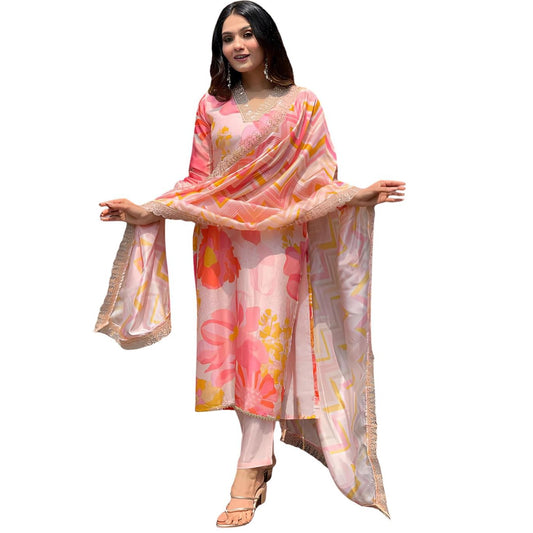 SHIENZY Cotton Blend Embroidered V Neck Kurta Set for Women | Straight Fit Kurta with Pants & Dupatta | Casual Office Wear Ethnic Kurti for Women(1501SHZ_PNK_M)